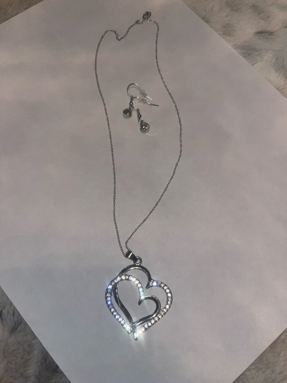 Silver Heart Pendant Necklace and Earrings Set - Silver Crystal Heart Jewelry